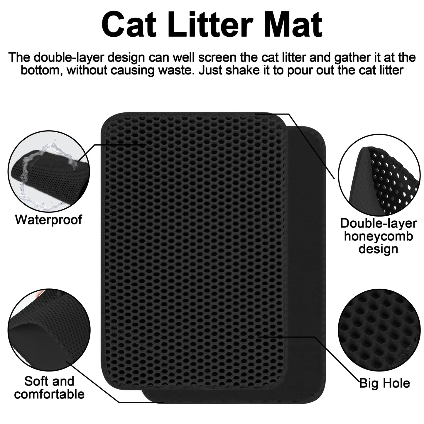 Cat Litter Mat, Double Layer Waterproof and Urine Proof, Honeycomb Trapping Design, Easy to Clean and Non-Slip (29X21Inch, Black)