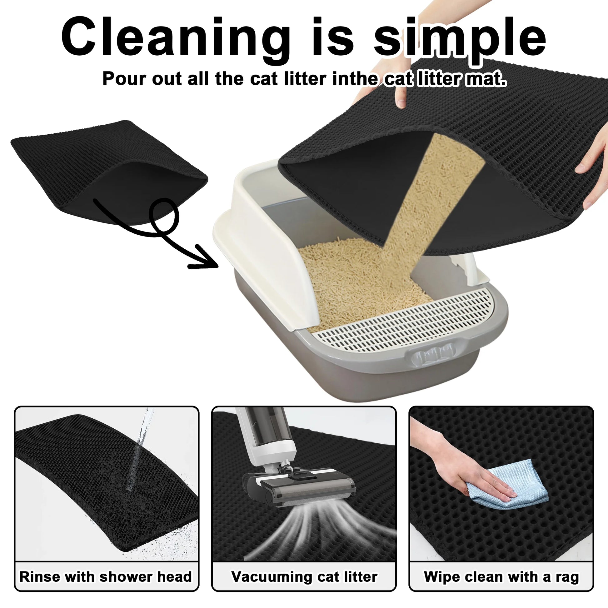 Cat Litter Mat, Double Layer Waterproof and Urine Proof, Honeycomb Trapping Design, Easy to Clean and Non-Slip (29X21Inch, Black)